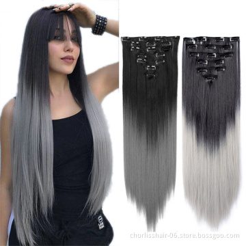 Wholesale 22inch Cheap Blue Ombre Long Silky Straight 7Pcs 16 Clips Heat Resistant Synthetic Clip In Hair Extension For Women
